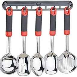stainless steel 5 piece serving spoons set 1 flat spoon,1 square spoon, 1 Deep spoon for liquid food, 2 spoons for frying with hanger Kitchen Tool Set-image-9