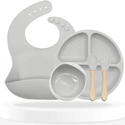 Baby Dinner Set Silicone Tableware Eating Utensils - Grey - Silicone-image-66