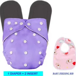 Reusable Baby Cloth Diaper with 2 Black Inserts & Bib(Combo) –Purple (0-3 Years)-image-50