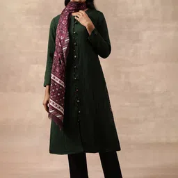 W Teal Green Round Neck Pure Wool Regular A-Line Kurta-10