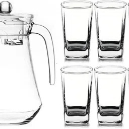 S1Store Premium Design Glass Water,Juice Jug Glass Combo Set For Dining Table (1.3 Litter Jug & 6 Glass 280ML Set of 7) with Lid and Handle Pitcher Transparent | Serve Water | Beverages | Iced Tea | Juices | Cocktail | Milk | Shakes Jug Glass Set-102