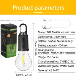 firstlike T01 (CAMPING LED LAMP) 3 Light Modes, Retro Design with Type C USB Charging 3 hrs Bulb Emergency Light image 5