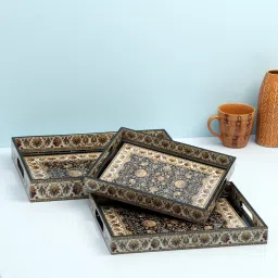 Designer Printed MDF Wooden Rectangular Serving Trays set| Set of 3 trays |Jamawaar Design With Special Enamel Coated Multipurpose Tray-2