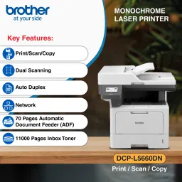 brother DCP-L5660DN Multi-function Monochrome Laser Printer for Print/Scan/Copy with Auto Duplex Feature, 3.5-Inch Touch Screen Display, 48 PPM, Dual Scanning, 70 Pages ADF, 250 Sheets Paper Tray, Free Installation & with Up to 11000 Pages of Black Ink Toner in the box image 5