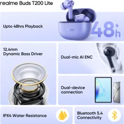 realme Buds T200 Lite with 12.4mm Driver, 48hrs Playback, AI ENC & Dual-Device Pairing Bluetooth Headset image 2