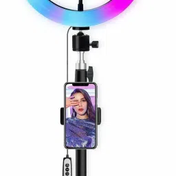 Speeqo Ring Light, 10'' RGB Ring Light with adjustable Tripod Stand, Mini LED Dimmable Selfie Ring Light with Cell Phone Holder Desktop LED Lamp with USB for Makeup, Youtube, Video , Photography, Shooting Ring Flash-16