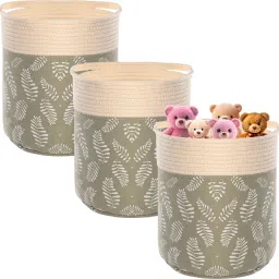 Cotton, Polyester Pack of 3 Clothes/Storage Basket with Handles | GM-22-GRN | Leaves Print - Green Storage Basket-14