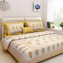 uniqchoice Yellow Floral 120 TC Cotton Queen Sized Bedsheet with 2 Pillow Cover-picture-31
