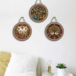 suveharts 3 Pcs Peacock Printed Wooden Circle Set Hanging-picture-29