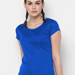 Women Solid Round Neck Polyester Blue T-Shirt-image-83