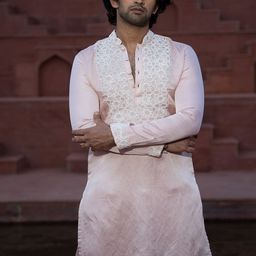 KAAJ BUTTON Yoke Design Geometric Mandarin Collar Thread Work Satin Kurta with Pyjamas-picture-24
