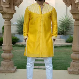 KAAJ BUTTON Floral Embroidered Mandarin Collar Chanderi Silk Straight Kurta With Trouser-picture-52