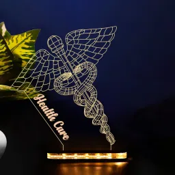 3D Caduceus Illusion Night Light Doctor Symbol Acrylic lamp with Warm White Light &12V 1 amp Adapter ( Wooden Base ) Table Lamp-12