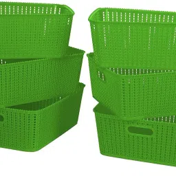 Multipurpose Sturdy Woven Storage Baskets Organiser For Closet | Wardrobe | Kitchen | Vegetables | Toys | Books | Office | Stationery | Utility | Cosmetics | Accessories Baskets Without Lid (Green) (37 Cm X 33 Cm X 14.5 Cm) (Pack Of 6, Large) Plastic Fruit & Vegetable Basket-image-71