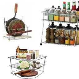 Chakla/Belan Kitchen Rack Present a combo pack of stainless steel and Rust free 4 in 1 chakla belan stand + spice rack + corner rack Steel-24