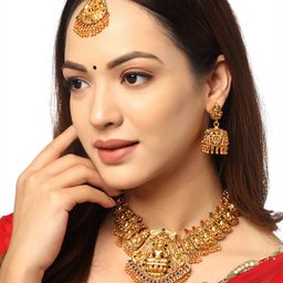 Yellow Chimes Gold Plated Stone Studded Lakshmi Temple Jewellery Set with Maangtikka-image-51