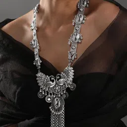 Rubans Silver-Plated Stone-Studded Peacock Motif with Tassels Long Jewellery Set-16