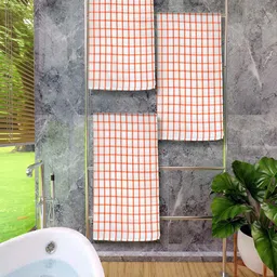 Athom Living Orange 3 Pieces Checked Cotton 150 GSM Bath Towels-23