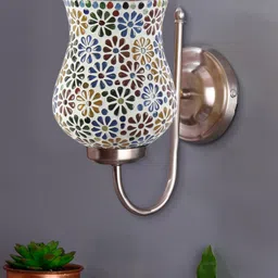 Devansh White & Blue Mosaic Design Glass Shade Wall Mounted Lamp With Steel Base-picture-13
