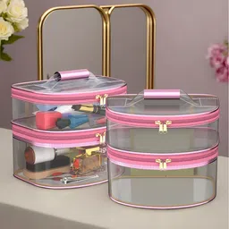 Kuber Industries Set Of 2 D Shape-Design Dual Layer Makeup Bag With Handle-0
