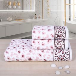 RANGOLI White & Purple Set Of 3 Leopard Print 500 GSM Pure Cotton Towel Set-25