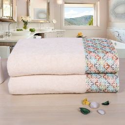 RANGOLI Cream-Coloured & Blue 2 Pieces Printed 550 GSM Pure Cotton Towels Set-image-76