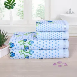 RANGOLI Set Of 4 Blue Printed Rose & Heart Pure Cotton 450 GSM Towel Set-16