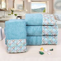 RANGOLI Set of 4 Blue Pure Cotton with Lace Towels-14