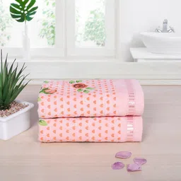 RANGOLI Set Of 2 Peach-Coloured  Printed 450 GSM Pure Cotton Hand Towel Set-6