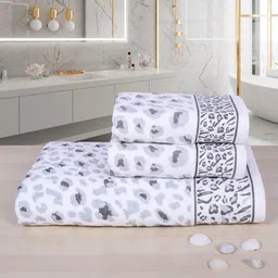 RANGOLI White & Grey Set Of 3 Snow Leopard Print 500 GSM Pure Cotton Towel Set-15