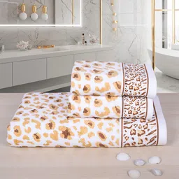 RANGOLI White & Beige Set Of 3 Snow Leopard Print 500 GSM Pure Cotton Towel Set-26