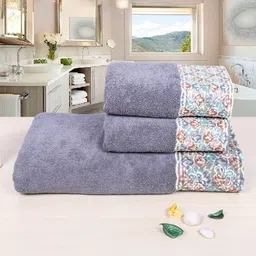 RANGOLI Set Of 3 Grey 550 GSM Pure Cotton Lace Towel Set-42