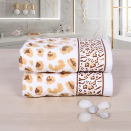 RANGOLI White & Beige Set Of 2 Leopard Print Pure Cotton 500 GSM Hand Towel-19