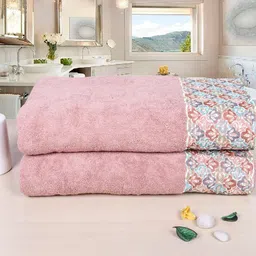RANGOLI Peach Coloured & Blue 2 Pieces Printed 550 GSM Pure Cotton Towels Set-15