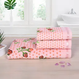 RANGOLI Set Of 3 Peach Colored Rose & Heart Printed 450 GSM Pure Cotton Towel Set-56