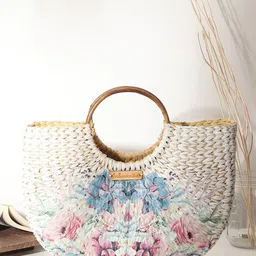 HABERE INDIA Floral Self Design Half Moon Jute Handheld Bag-14