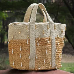 Anekaant Colourblocked Tasselled Jute Shopper Handheld Bag-40