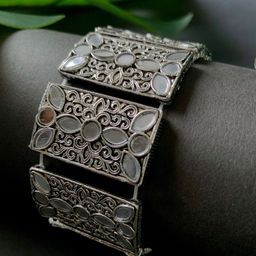 I Jewels Oxidised Silver-Plated Kada Bracelet-image-9