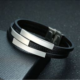 ZIVOM Men Leather Silver-Plated Link Bracelet-image-0