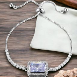 Designs & You Silver Plated Rectangular Crystal Studded Matrix Tennis Bracelet-image-4