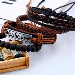 OOMPH Men Set Of 4 Leather Wraparound Bracelet-image-16