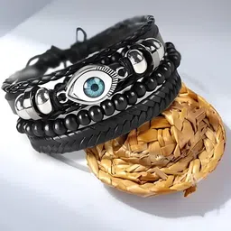KARISHMA KREATIONS Set Of 3 Artificial Beads Evil Eye Leather Bracelets-3