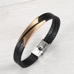 Peora Men Rose Gold-Plated Synthetic Leather Link Bracelet-image-21