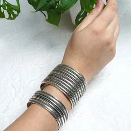 TEEJH Women Set Of 2 Silver-Toned Oxidised Kada Bracelet-image-37