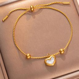 MYKI Gold-Plated Stainless Steel Heart Shaped Enamelled Charm Bracelet-1