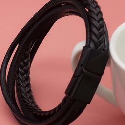 UNIVERSITY TRENDZ Men Black Leather Silver-Plated Multistrand Bracelet-image-24