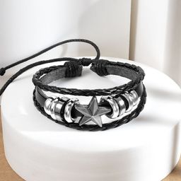 Peora Men Silver-Toned & Black Silver-Plated Wraparound Bracelet-image-55