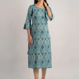 MAUKA Women Turquoise Blue & Gold-Toned Ethnic Motifs Printed Bell Sleeves Kurta-image-60