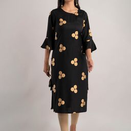 MAUKA Women Black & Gold-Toned Geometric Printed Bell Sleeves Kurta-image-2