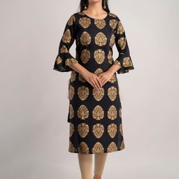 MAUKA Women Black & Gold-Toned Ethnic Motifs Printed Bell Sleeves Kurta-picture-5